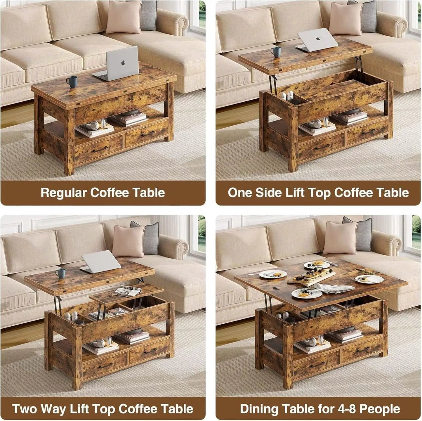 Rustic Brown Lift Top Coffee Table With Hidden Storage from PriceLows™