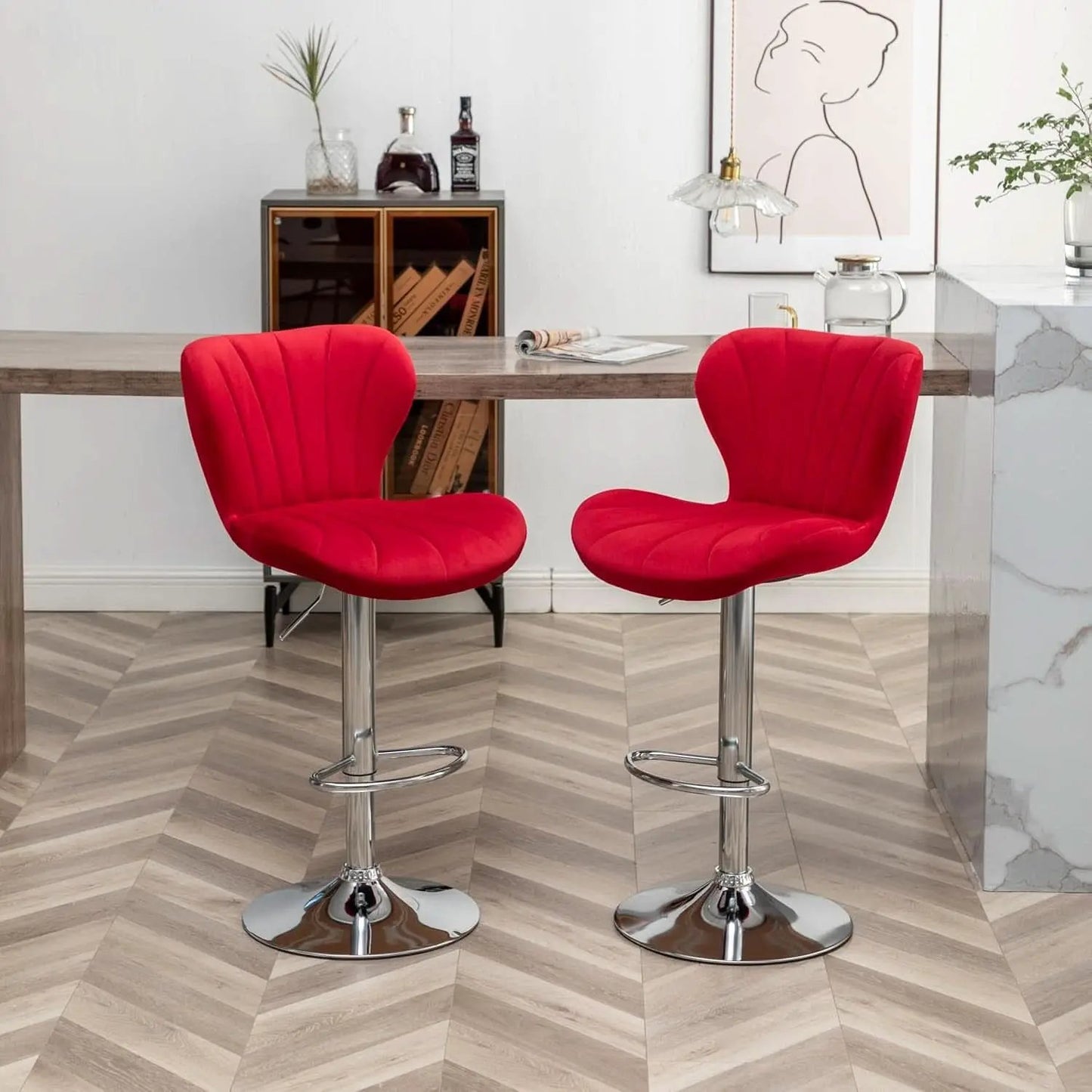 Velvet Adjustable Swivel Bar Stool Set Of 2 In Red from PriceLows™