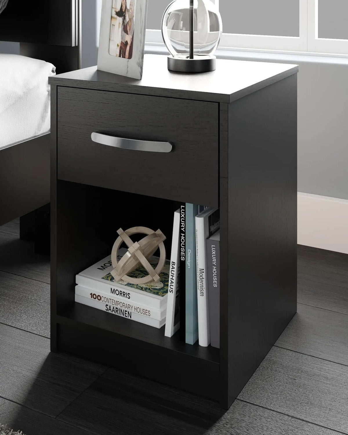 Finch One Drawer Night Stand Accent Nightstand | 15.79 x 15.83 x 22.09 in | Engineered Wood & Metal | Black