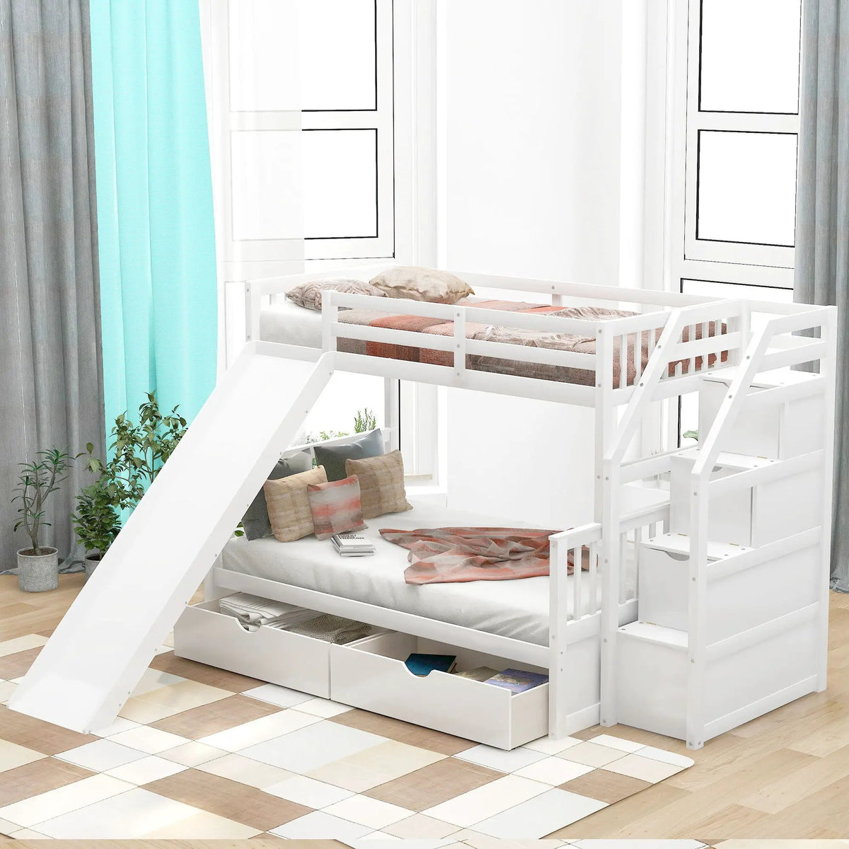Bunk Bed | Storage Staircase | Slide | Desk With Drawers