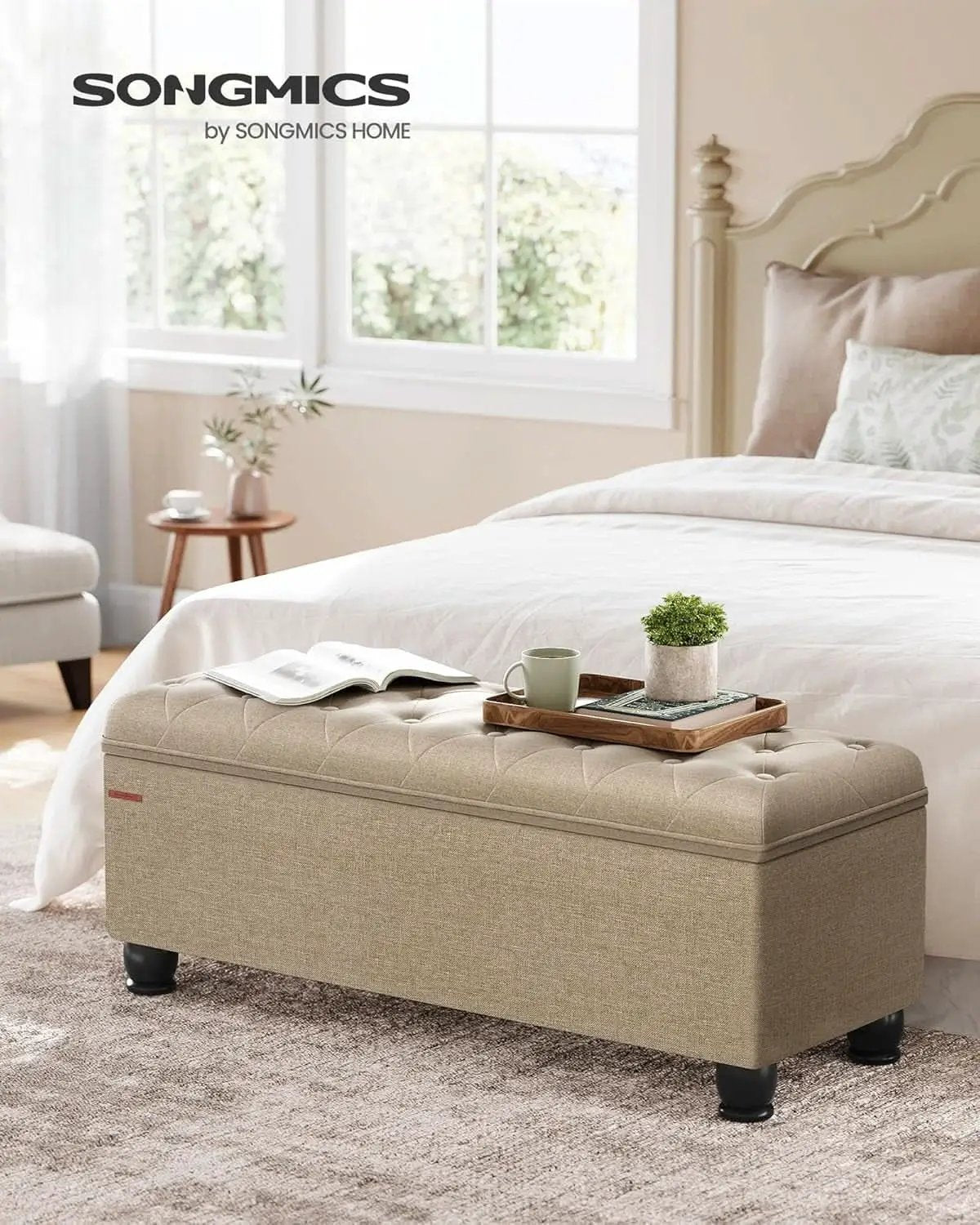 Camel Brown Linen Storage Ottoman Bench Reinforced from PriceLows™