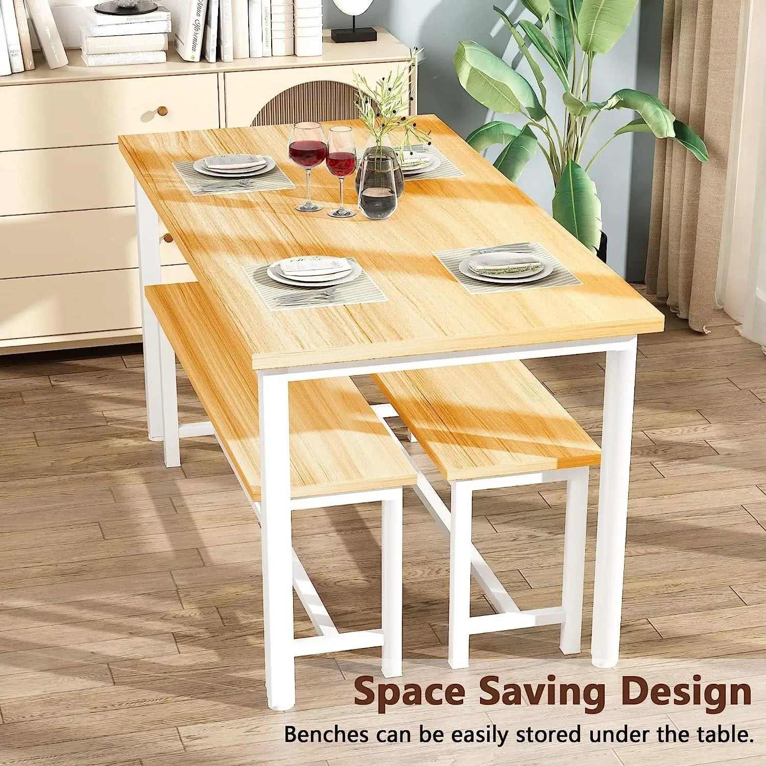 Counter Height Dining Table Set Gold White Benches from PriceLows™