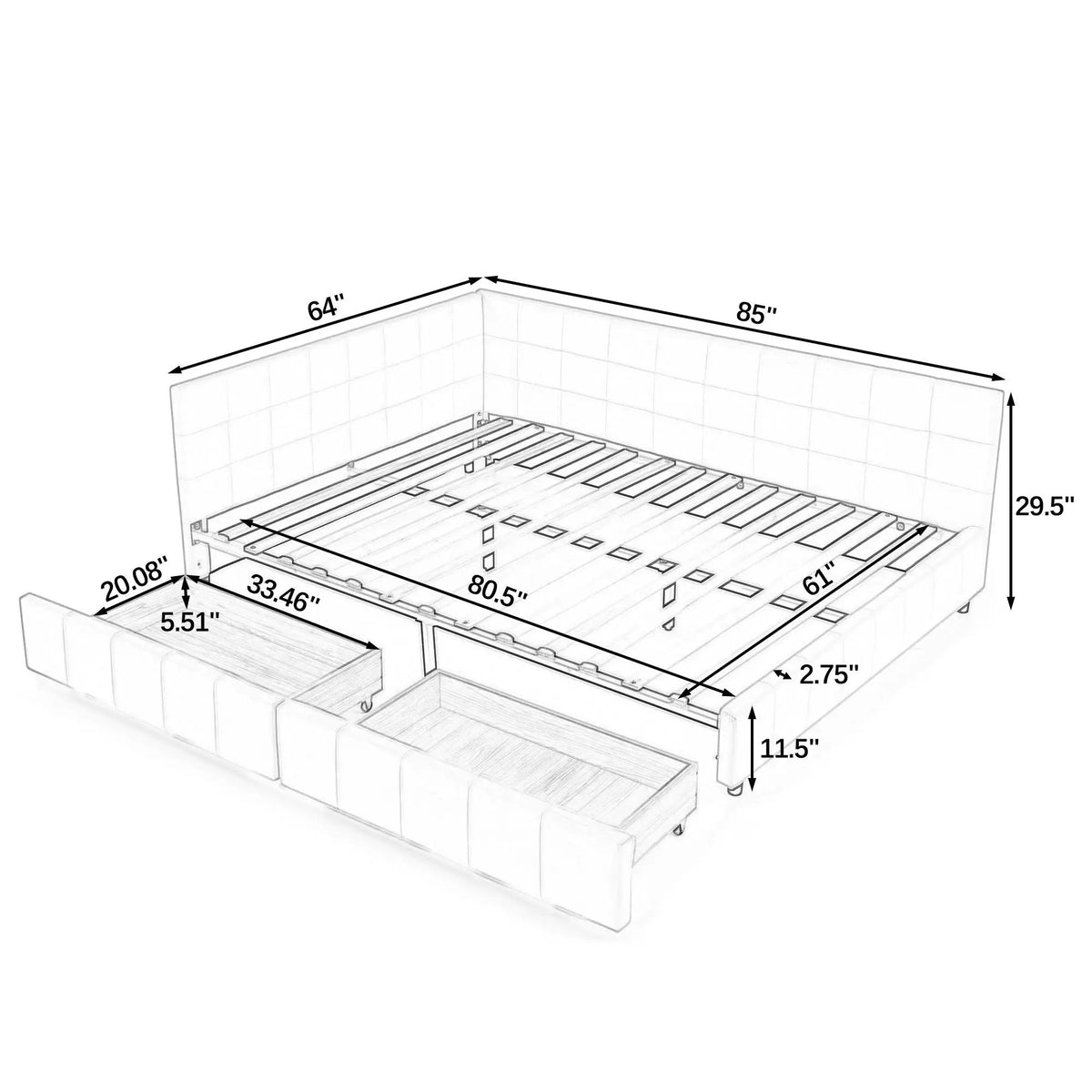 Mid-Century Storage Bed Frame | Upholstered Tufted Design | Backrest And Armrests | Bed Or Sofa Use