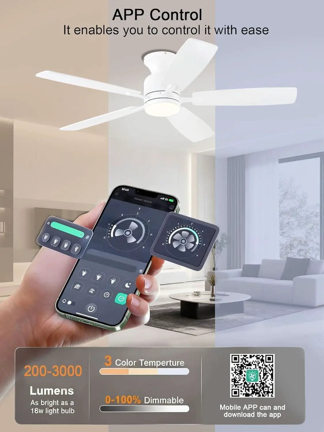 52 Inch Flush Mount Ceiling Fan Remote App Control from PriceLows™