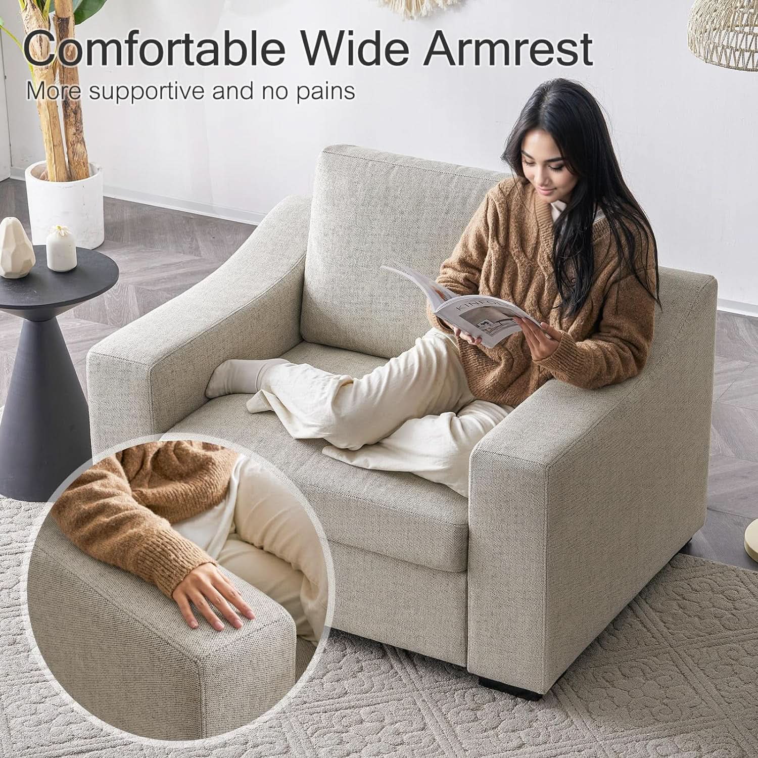 47 Inch Linen Fabric Armchair Pair Oversized Oatmeal from PriceLows™