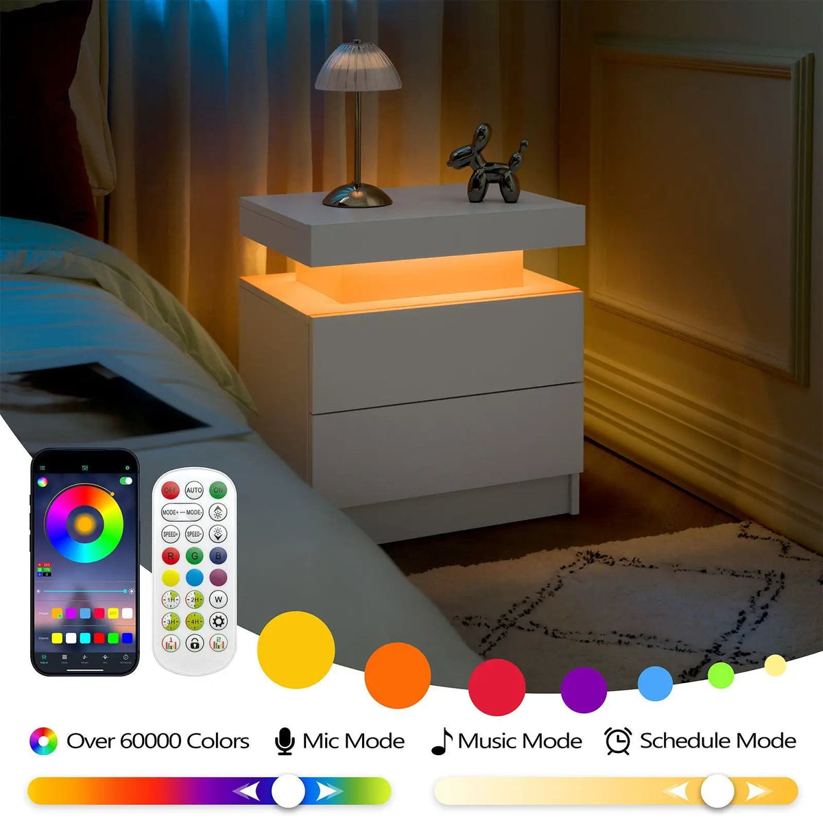 Modern Bedside Table | Adjustable LED Lights | Two Drawers | White