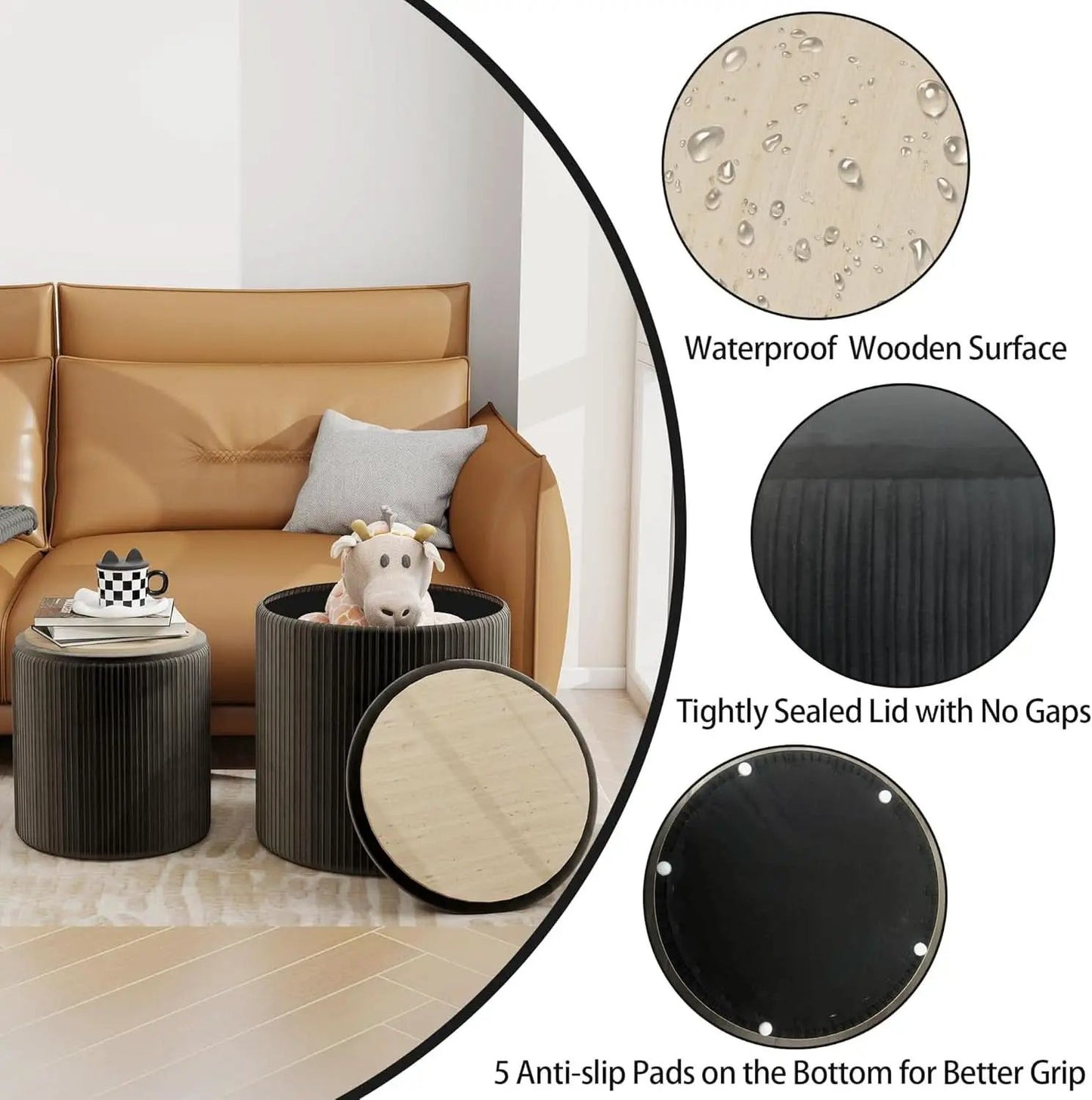 Round Velvet Storage Ottoman Black Lacquered Finish from PriceLows™