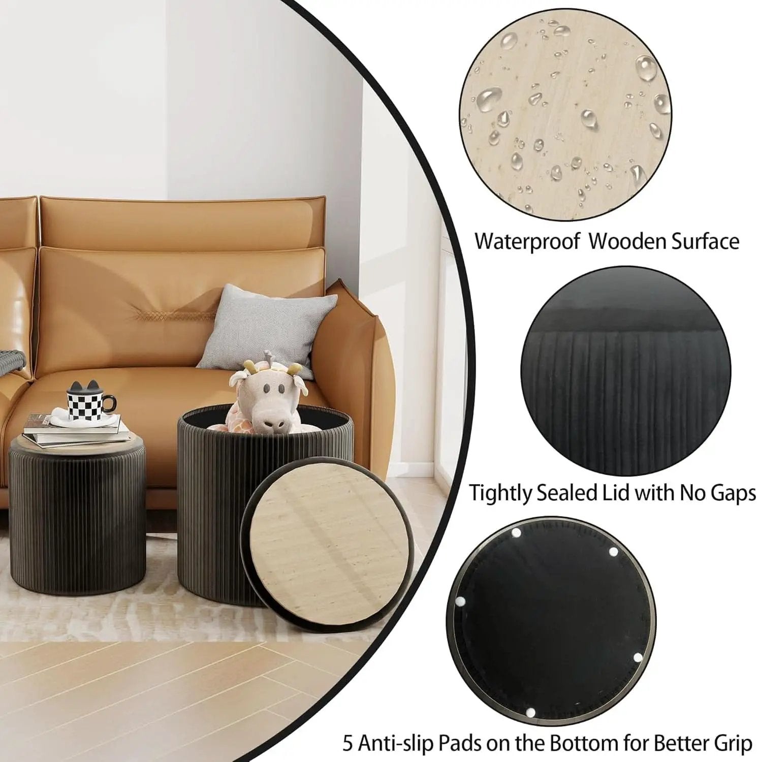 Round Velvet Storage Ottoman Black Lacquered Finish from PriceLows™