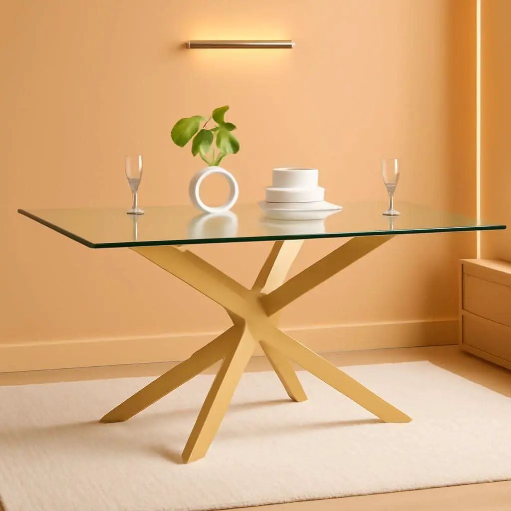 Rectangular Tempered Glass Dining Table Gold Finish from PriceLows™