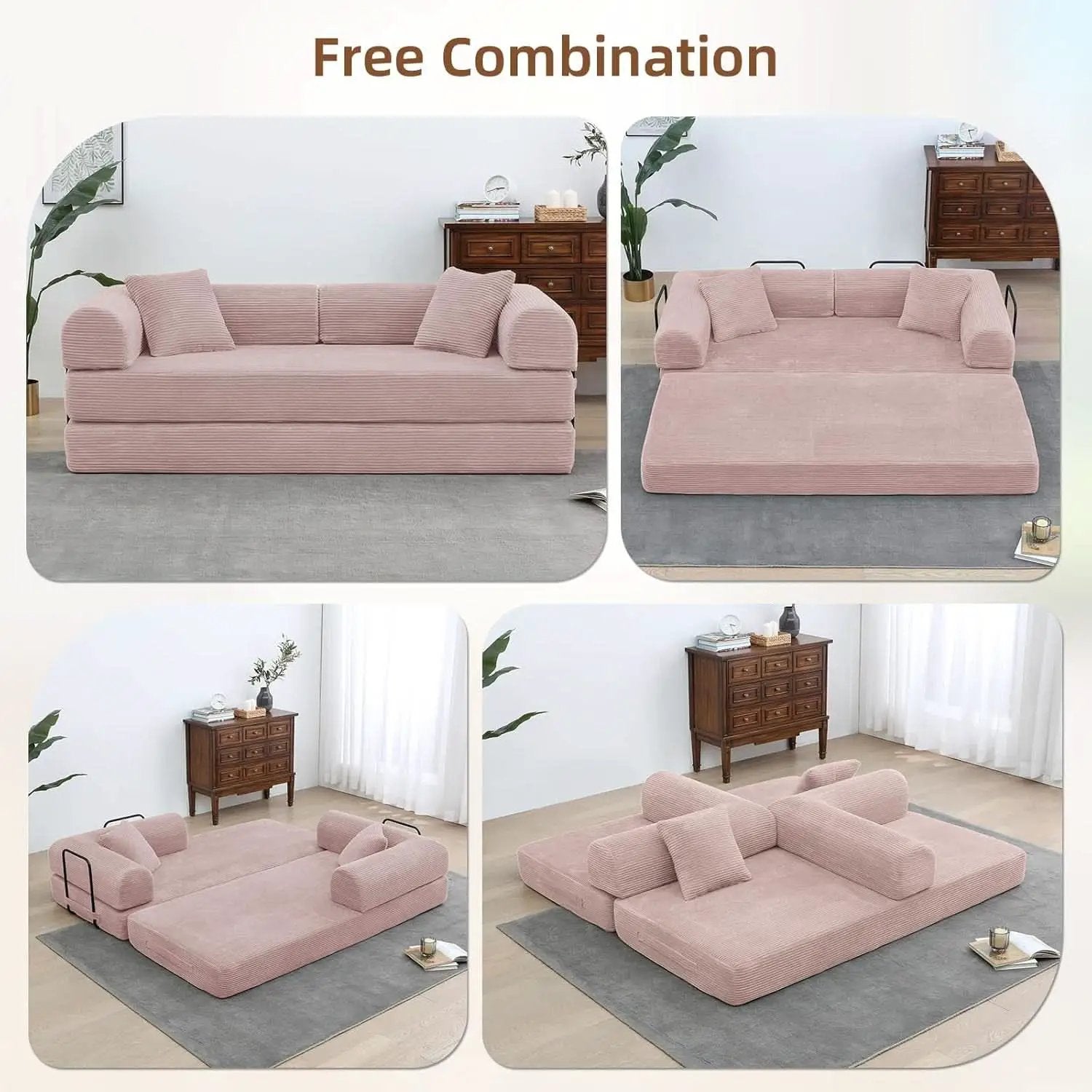 Transformable Sofa Bed QueenSize Pink Folding Frame from PriceLows™