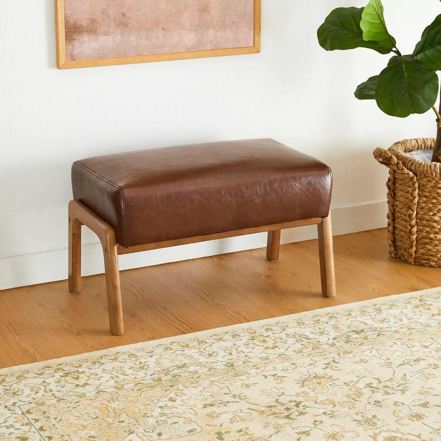 Rectangular Leather Ottoman Bench Twenty Four Point Five Inches Walnut from PriceLows™