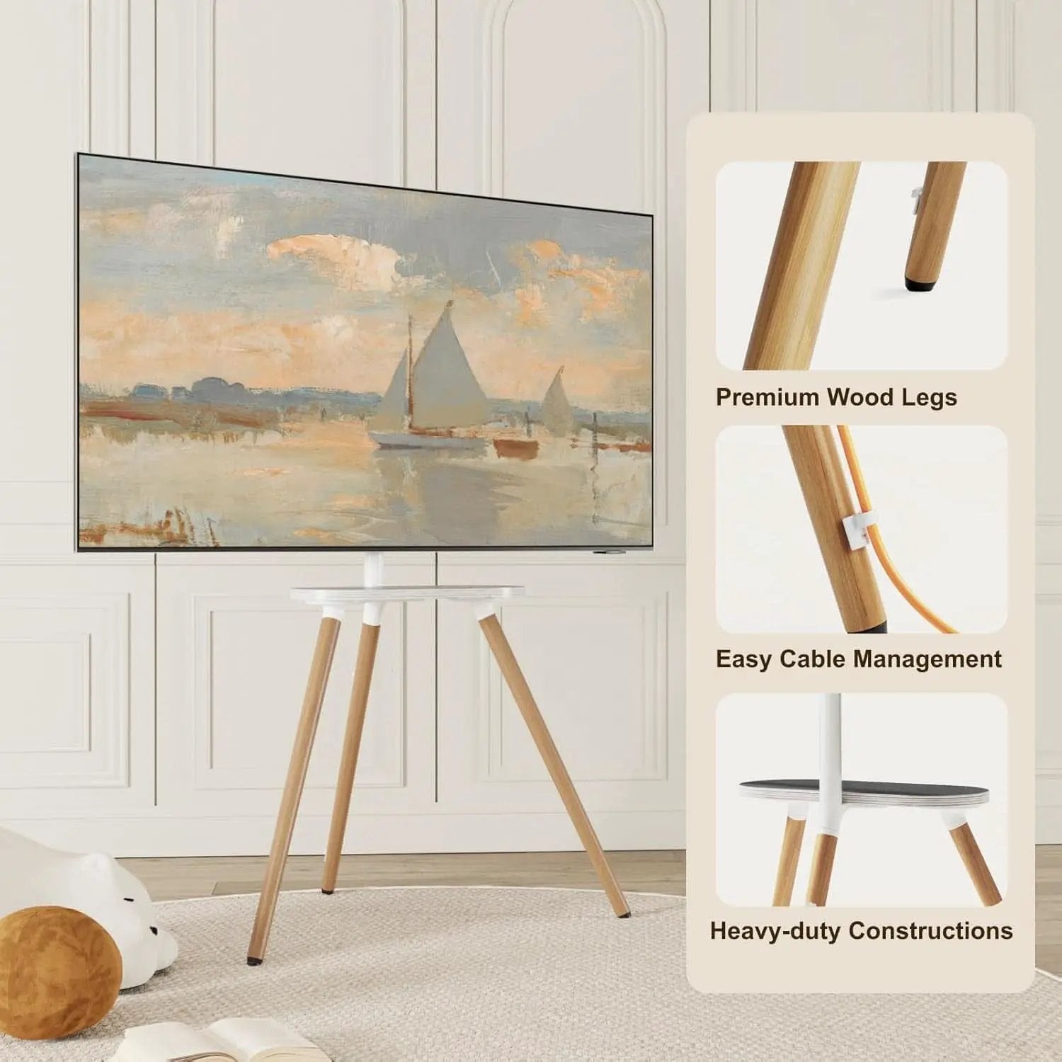 Tripod TV Stand 40-65 Inch White Swivel Wooden Tray from PriceLows™