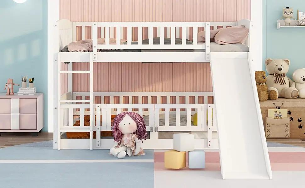 Low Bunk Bed With Slide | Fence And Ladder | Built-In Play Area | Kids Bedroom