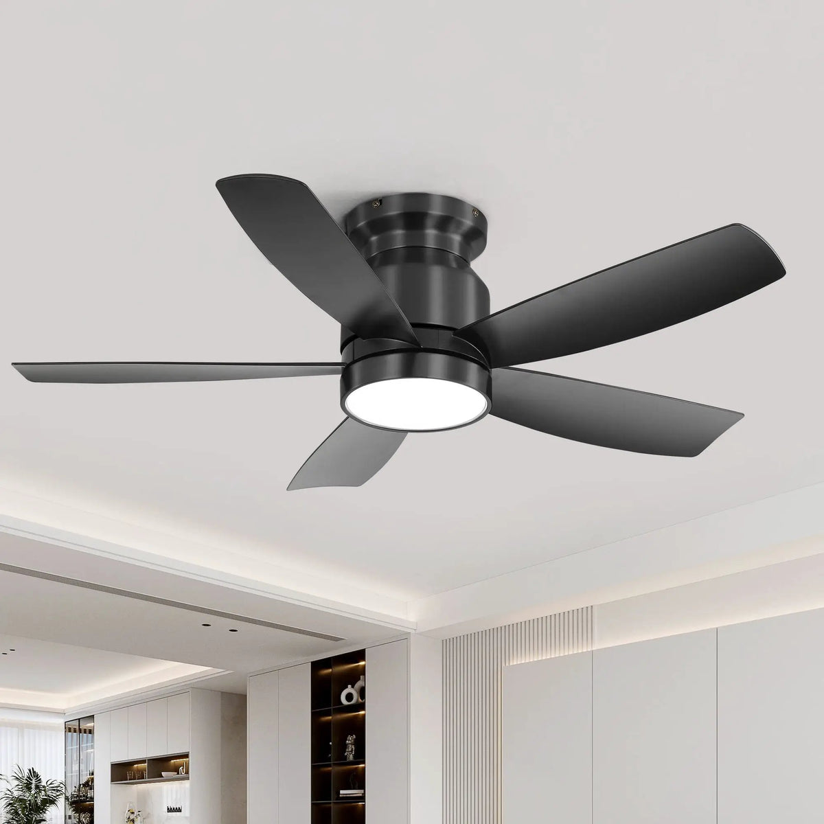 Flush Mount Ceiling Fan | 42 Inch Span | 18W Dimmable LED Light | Black