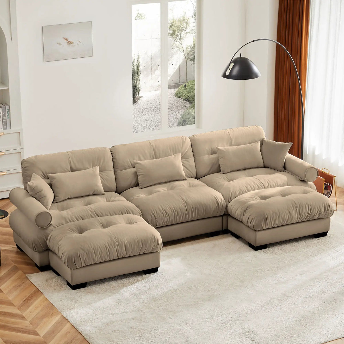 Modular Sectional Sofa | Deep Comfort Cushions | Vintage Fabric Ottoman