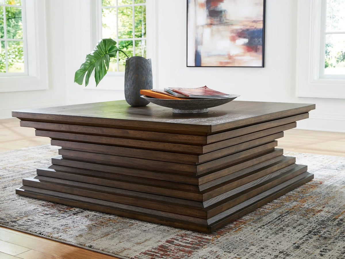 Hannodream Square Cocktail Table | 47.75 x 47.75 x 18.75 in | Oak Veneer & Mdf | Warm Brown