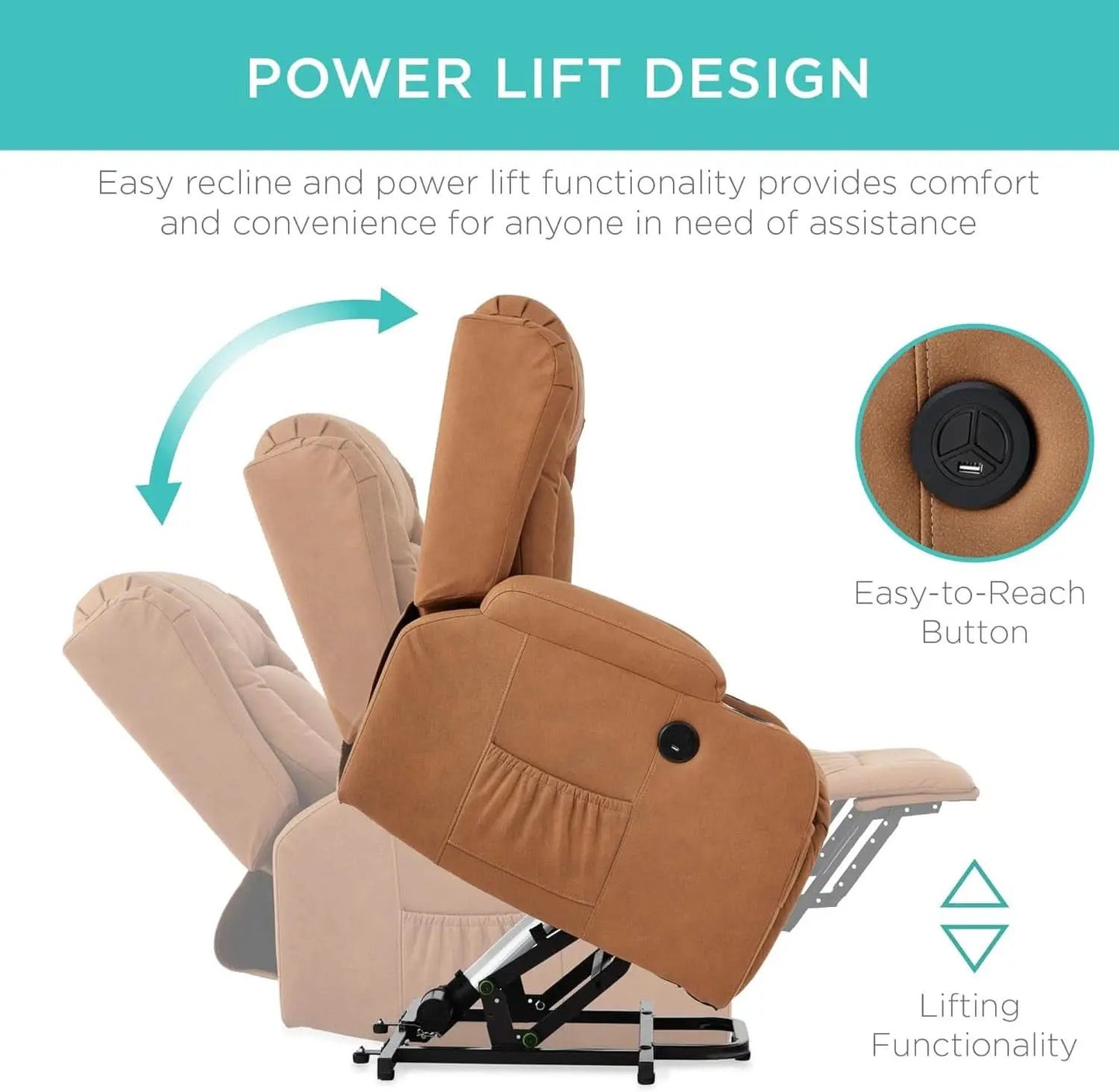 Cognac PU Leather Power Lift Recliner With Massage And Heat from PriceLows™