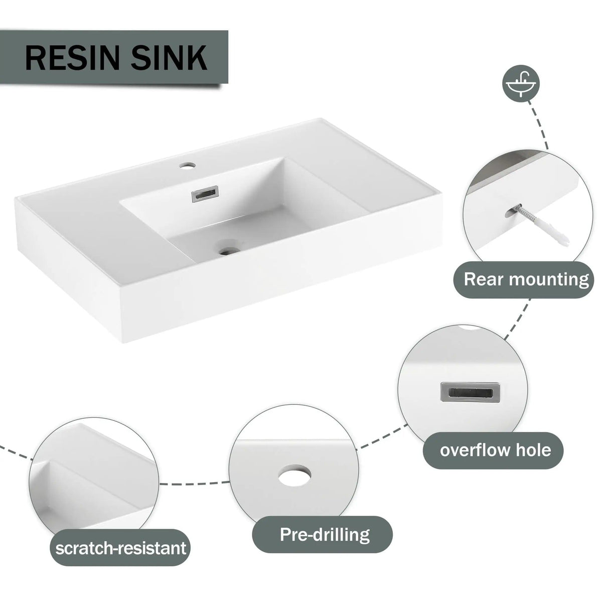 Wall Mounted Bathroom Vanity With Resin Sink And 2 Side Cabinet, 3 Soft Close Drawer | 58.7 x 18.1 x 15.8 in | Plywood & Resin | Bathroom