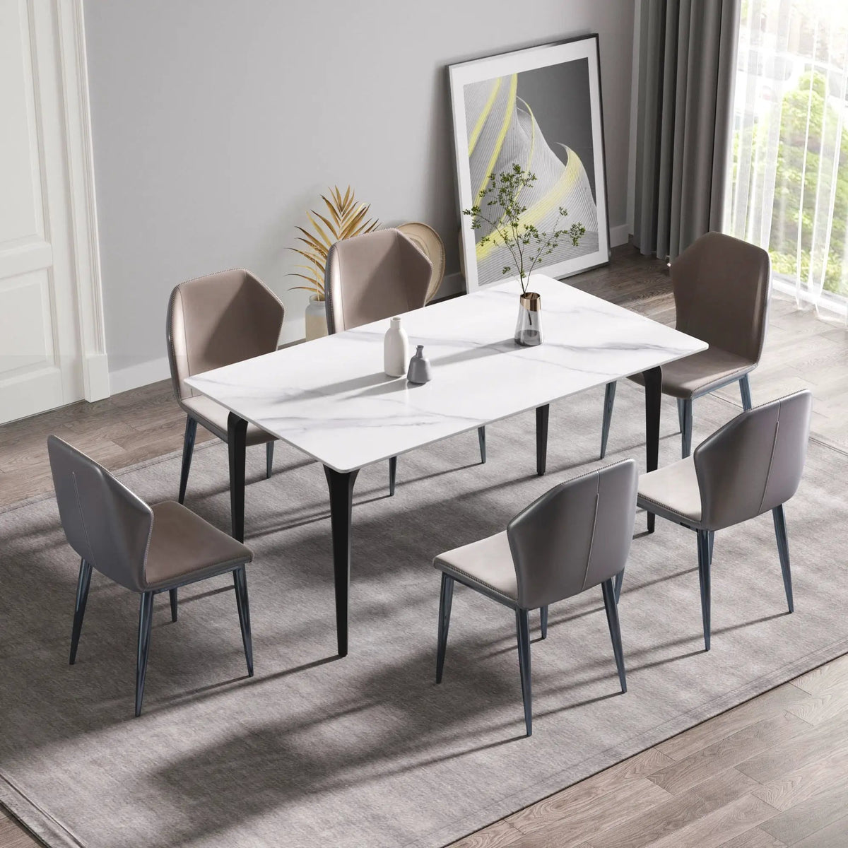 Dining Table | 63 Inch Straight Edge | 12mm Sintered Stone | White Black Frame
