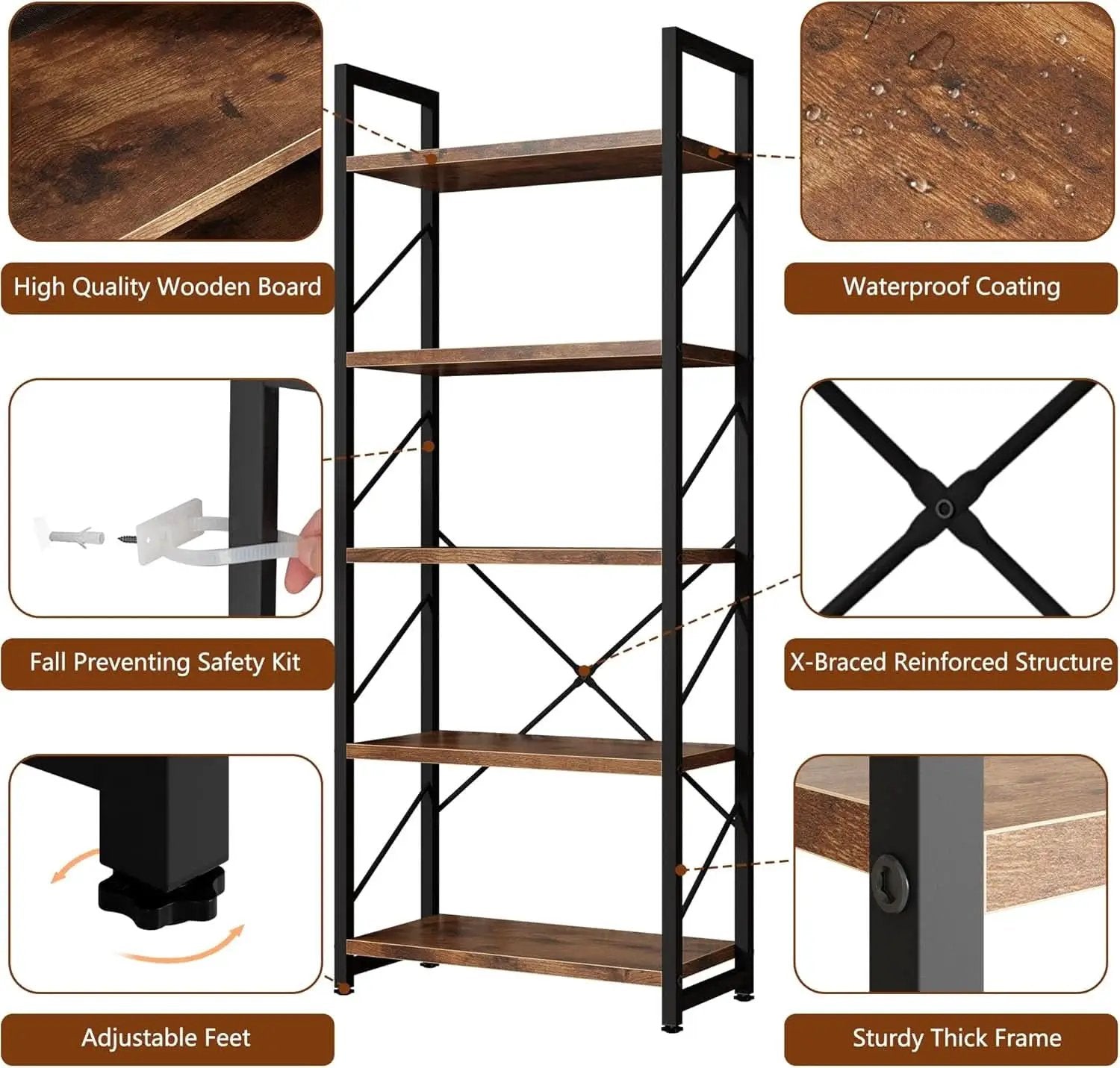 5 Tier Bookshelf Rustic Brown Tall Bookcase For Home Office from PriceLows™