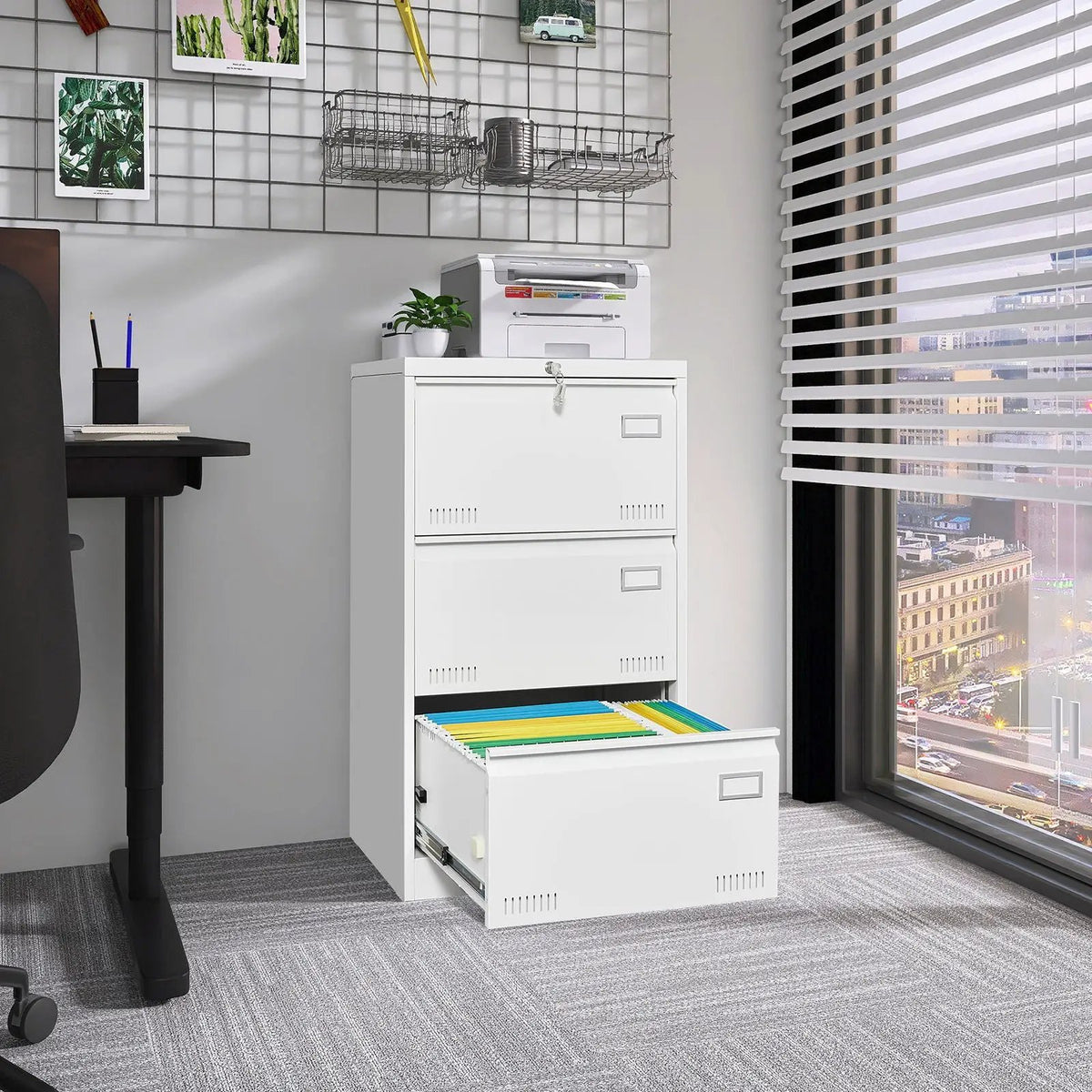 Lateral File Cabinet | 3 Drawer Locking Metal | Widened Drawers | 40 Inch Height