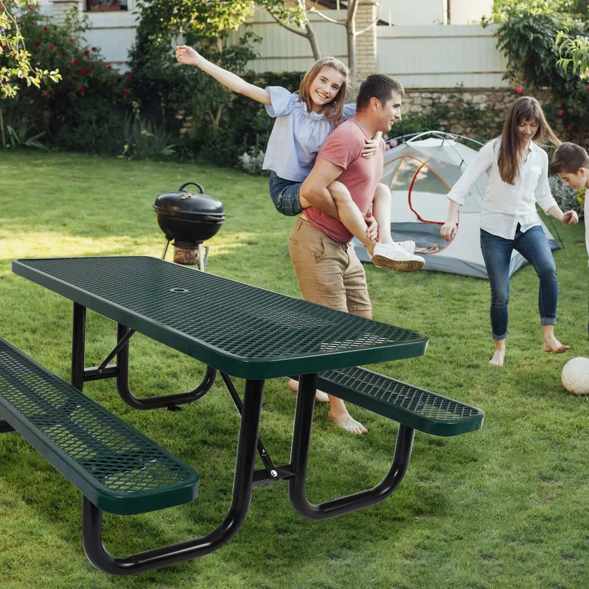 Outdoor Steel Picnic Rectangular Table With Umbrella Pole | 3 Pieces | Steel & Metal | Dining Room