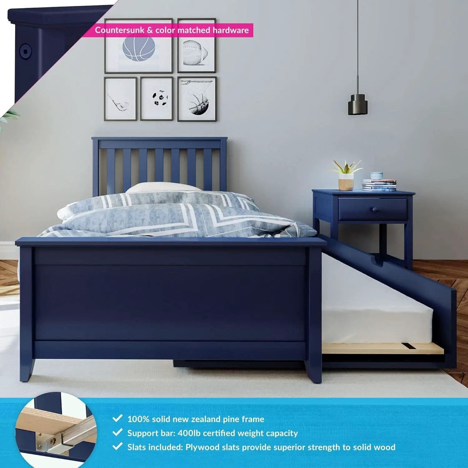 Blue Twin Bed Frame With Trundle Slatted Headboard from PriceLows™