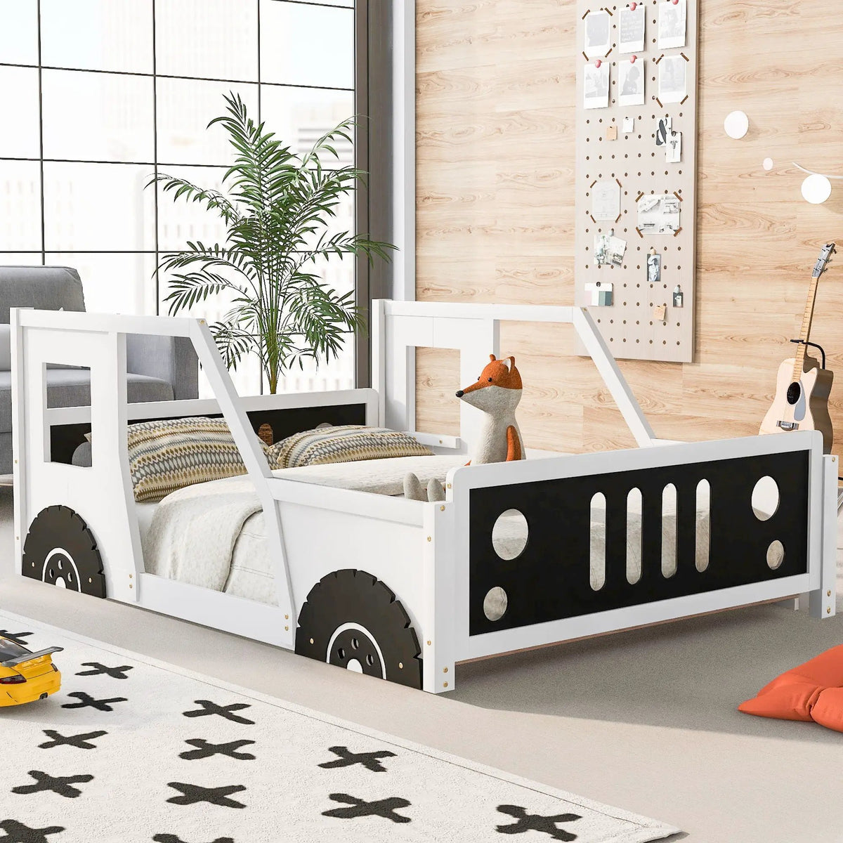 Car Shaped Platform Bed | Solid Pine Wood | Decorative Wheels