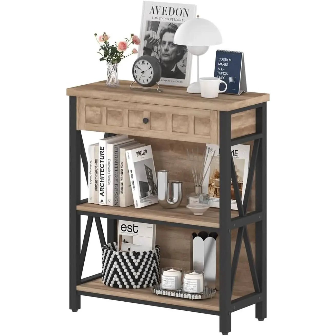 Rustic Oak 3 Tier Bookshelf With Drawer Industrial Wood And Metal Bookcase from PriceLows™
