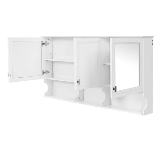 Wall-Mounted Mirror Medicine Cabinet With Adjustable Shelf And Open Shelves | 55 x 7.3 x 28.7 in | Solid Wood | White