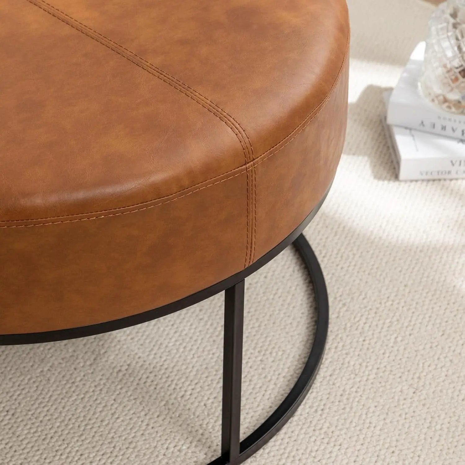 Round Leatherette Upholstered Coffee Table Midnight Brown from PriceLows™
