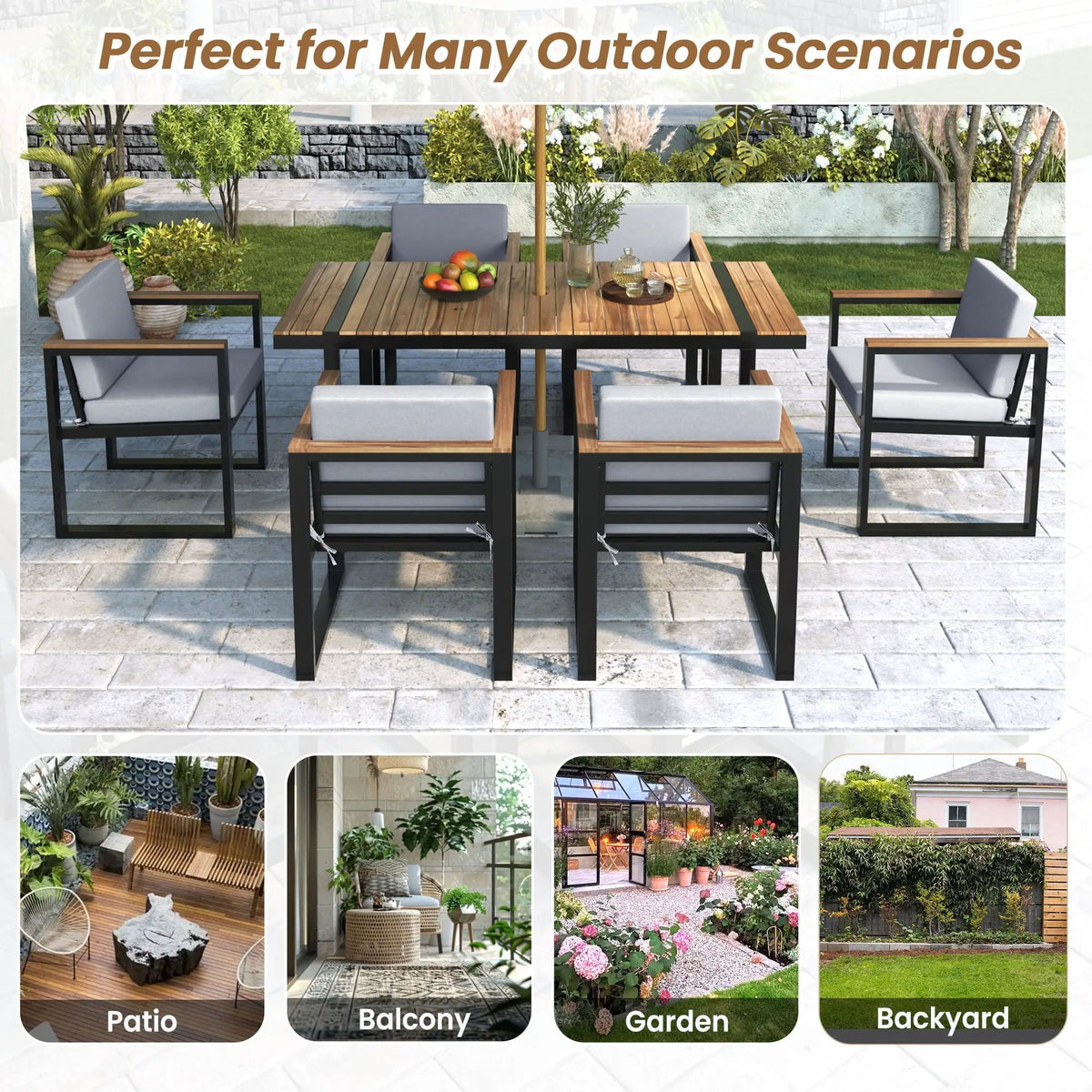 7-Piece Outdoor Dining Set | Acacia Wood And Steel Frame | Removable Cushions | Patio Table And Chairs