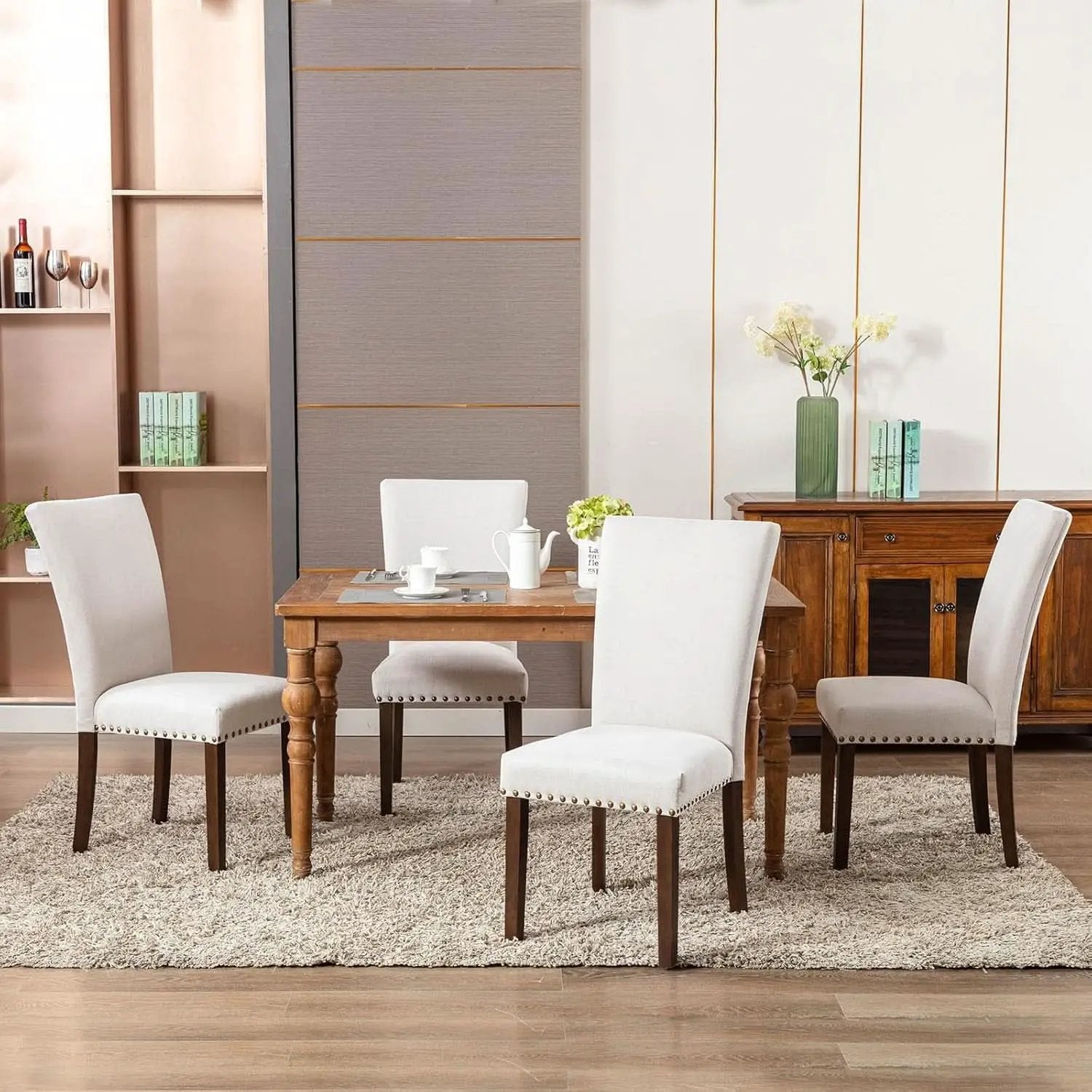Beige Linen Upholstered High Back Counterheight Chairs from PriceLows™