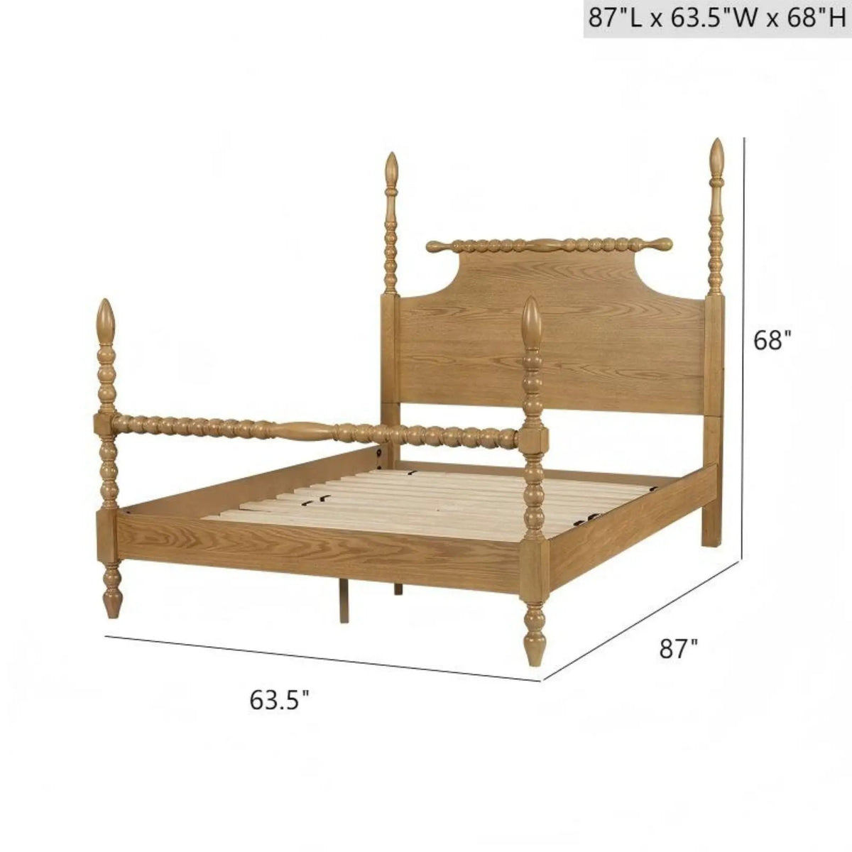 Queen Turned Leg Bed | Traditional Post Design | Solid Wood Frame | Natural Camel Oak Finish