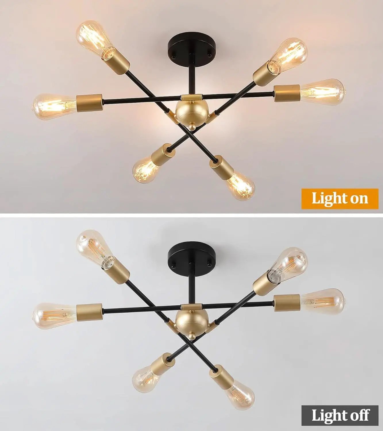 Black And Gold 6 Light Sputnik Ceiling Chandelier Semi Flush Mount UL Listed from PriceLows™