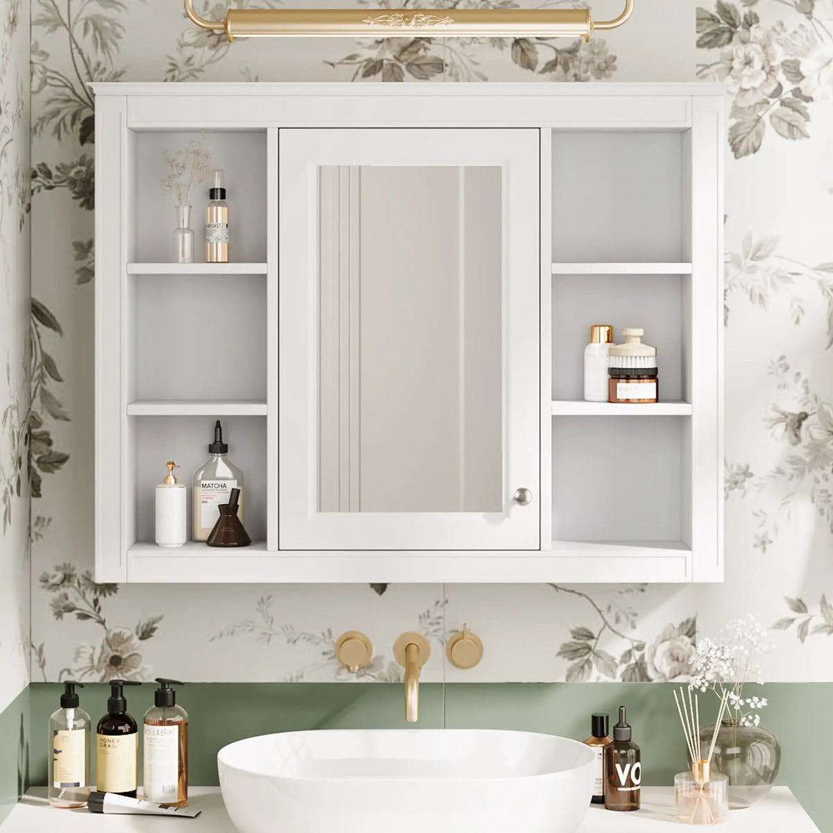 Wall Mounted Medicine Cabinet | Adjustable Interior | 6 Open Shelves
