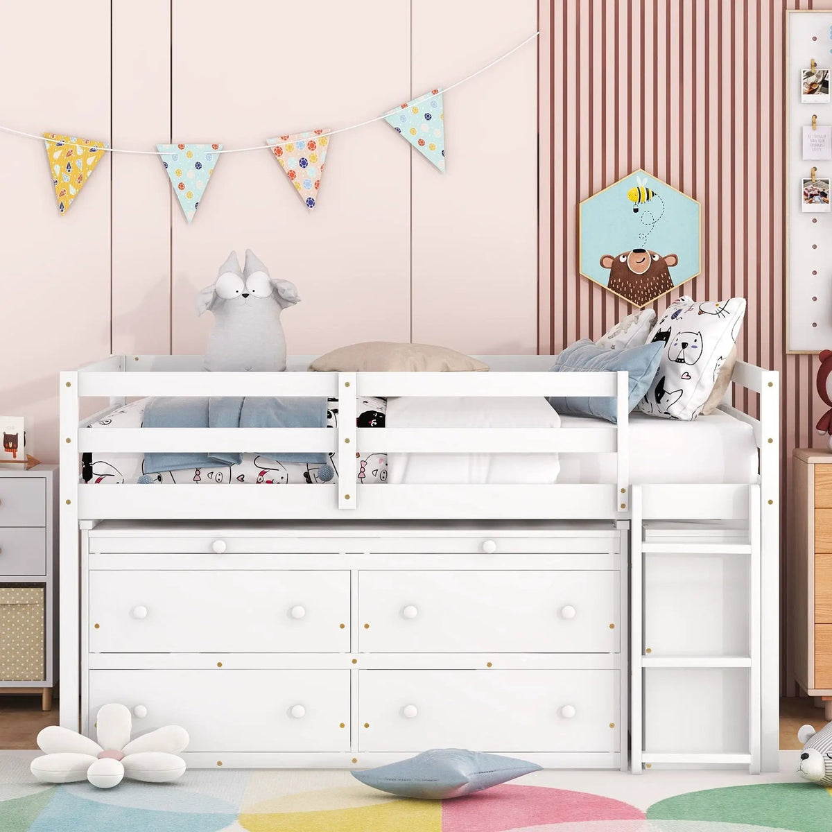 Loft Bed With Retractable Desk | 4 Front Drawers | Lateral Portable Desk | Side Shelves