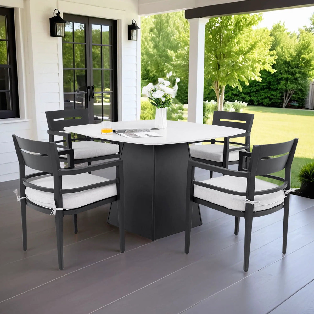 Outdoor Patio Dining Set | Squircle Sintered Stone Table | Sunbrella Cushion Chairs | Rust-Free Aluminum Frame