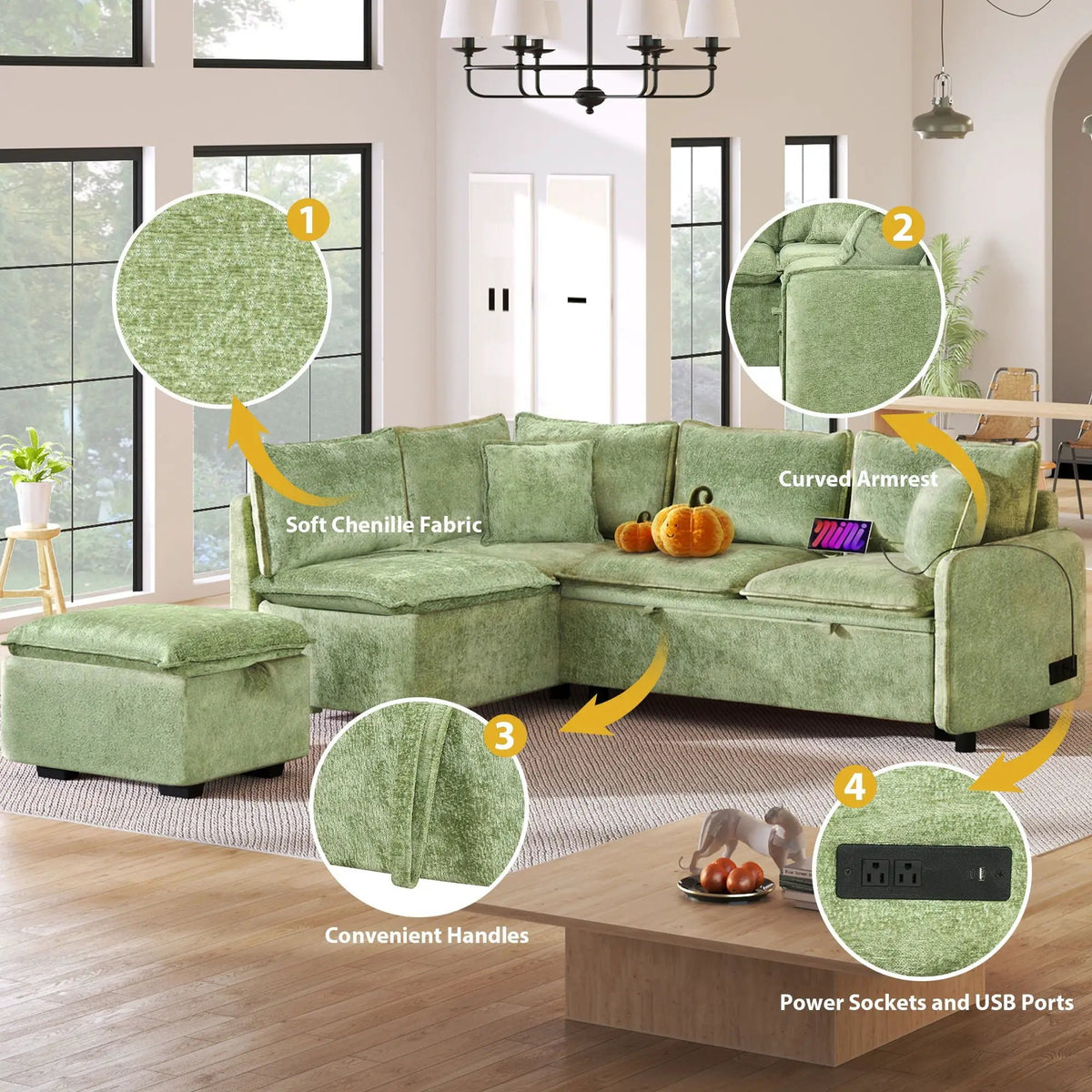 Convertible Sofa Bed | L Shaped Sectional | Storage Ottoman | Two USB Ports