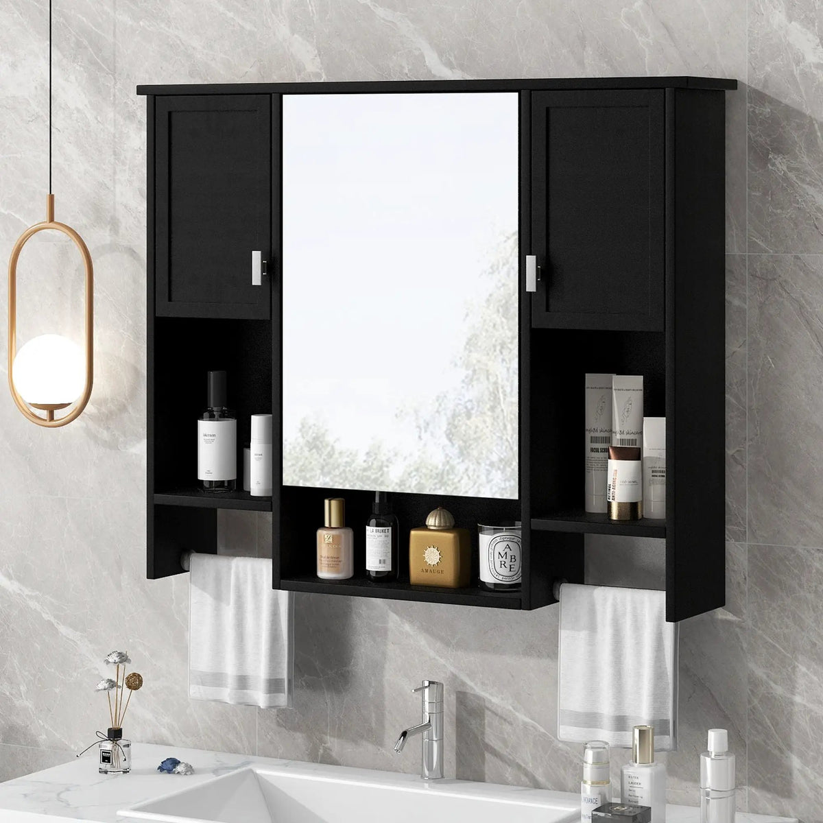 Wall Mounted Bathroom Cabinet With Mirror | Towel Bar | Closed Cabinets And Open Shelves | 35 Inch Width