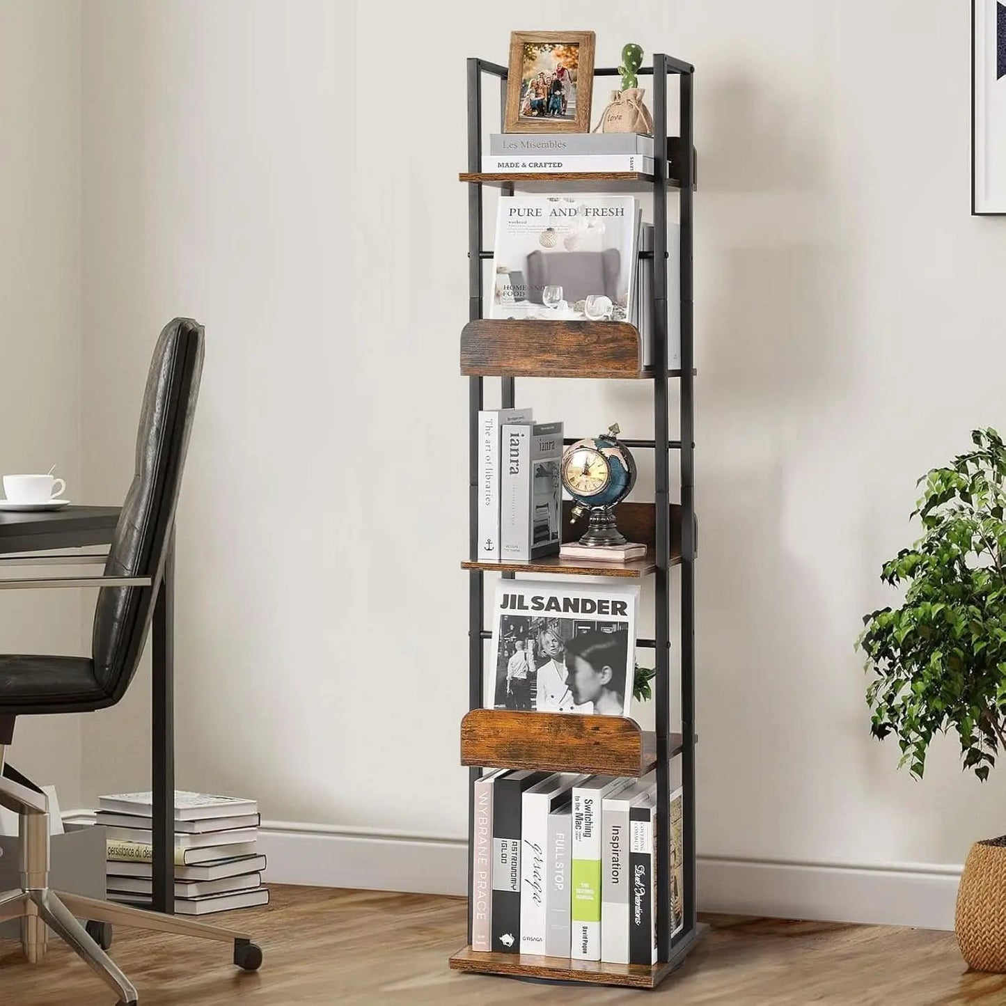 Black 5-Shelf 360 Degree Rotating Corner Bookshelf Tower from PriceLows™