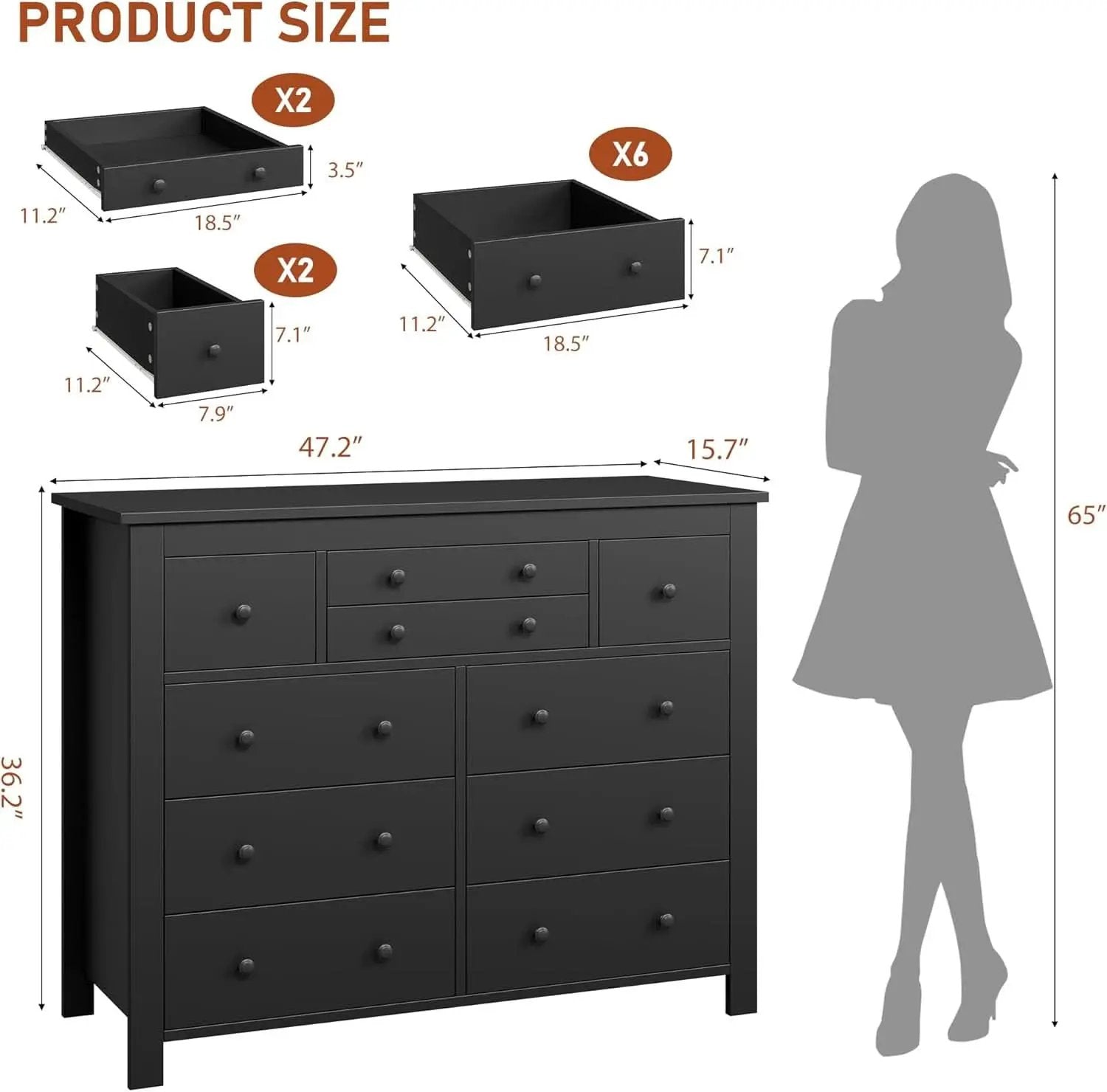 Ten Drawer Premium Hardwood Dresser Walnut Finishing from PriceLows™