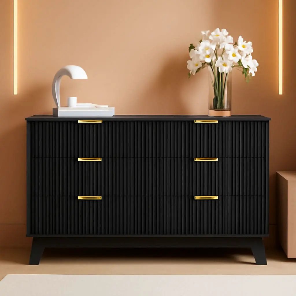6 Drawer Dresser In Natural Wood With Fluted Front And Gold Handles from PriceLows™