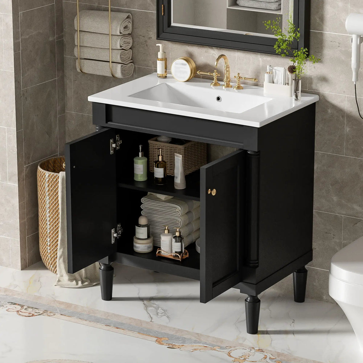 30 Inch Bathroom Vanity With Sink | Soft Close Doors | Carved French Detailing | Adjustable Shelf