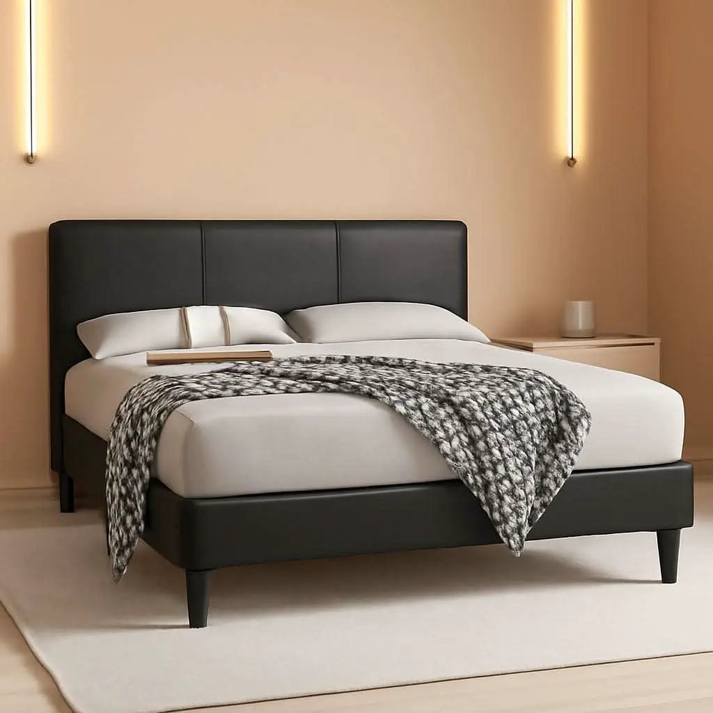 Queen Faux Leather Platform Bed Frame With Wood Slats from PriceLows™