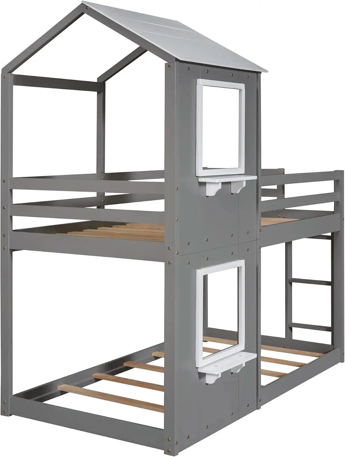 Twin Over Twin House Bunk Bed With Roof And Ladders Grey from PriceLows™