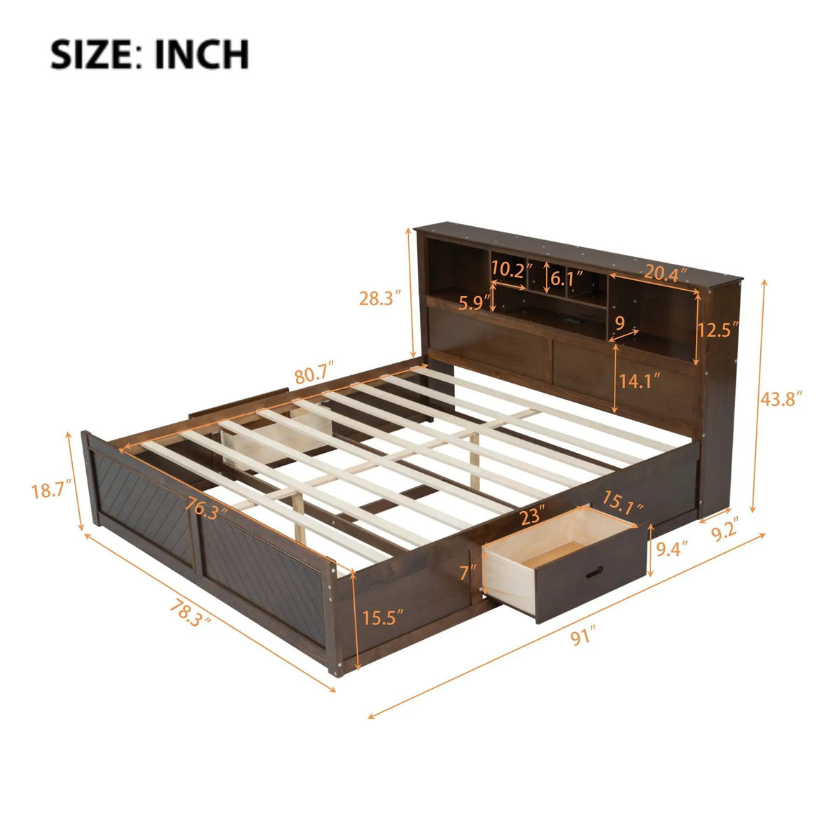 Platform Bed | Storage Headboard | USB Outlets | Solid Pine