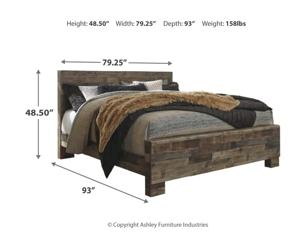 Derekson Panel Bedroom Set | 4-Piece | Rustic Butcher Block Finish | Replicated Pine Grain