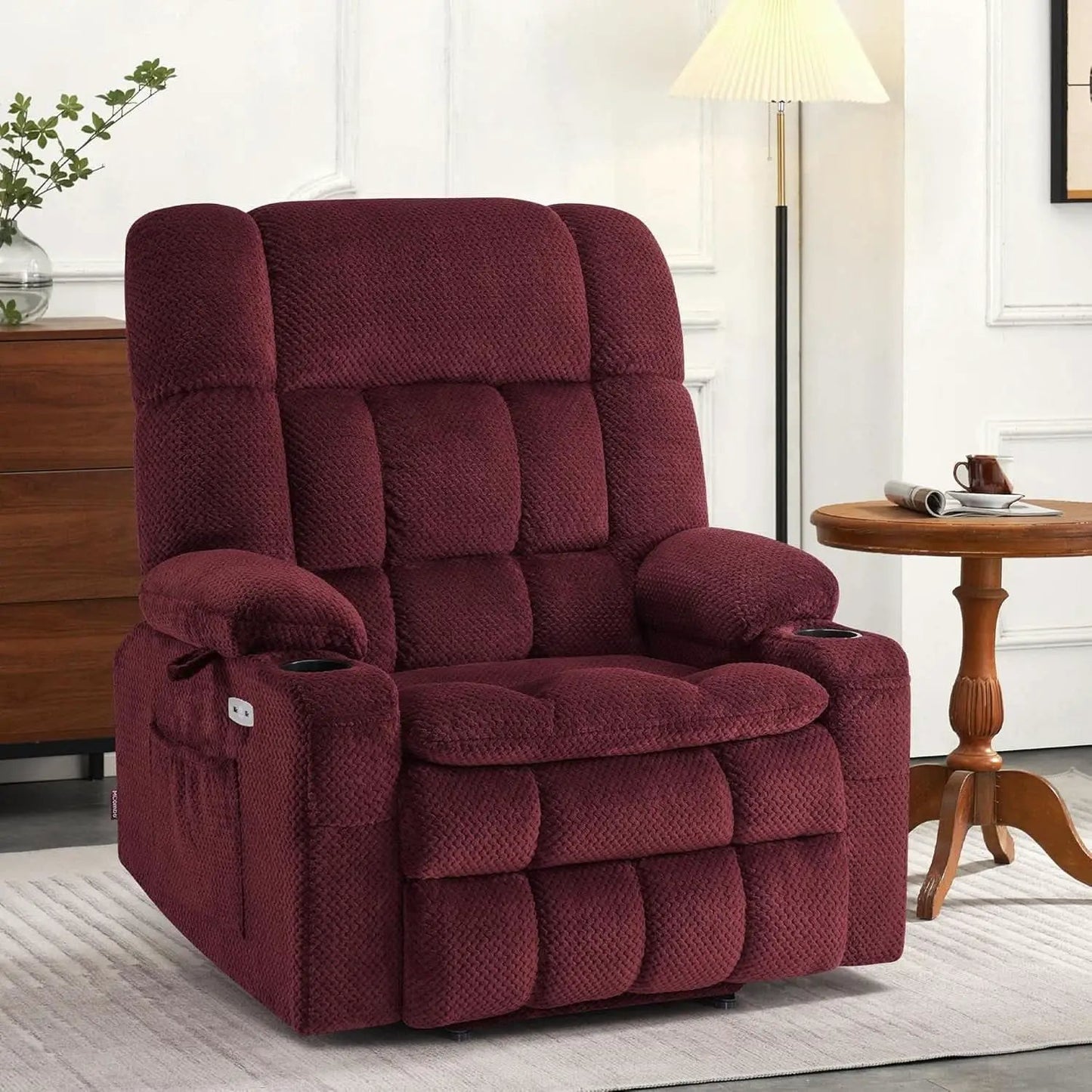 Large Burgundy Dual Motor Lift Recliner Chair With Massage And Heat from PriceLows™