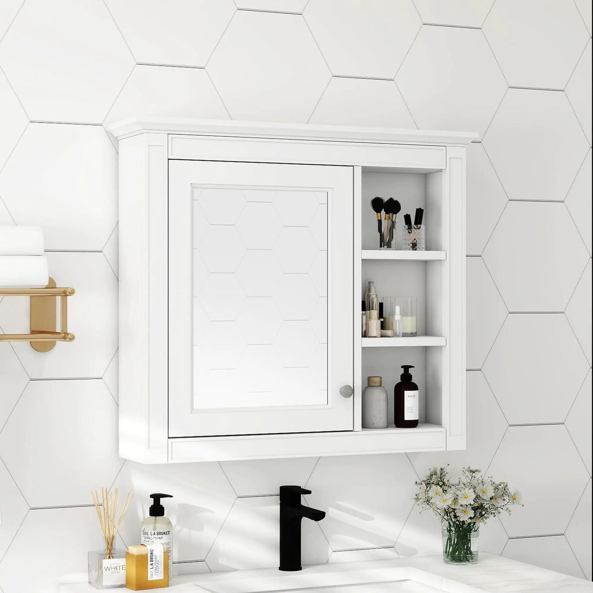Modern Wall Mounted Medicine Cabinet | 3 Open Shelves | Mirror Door
